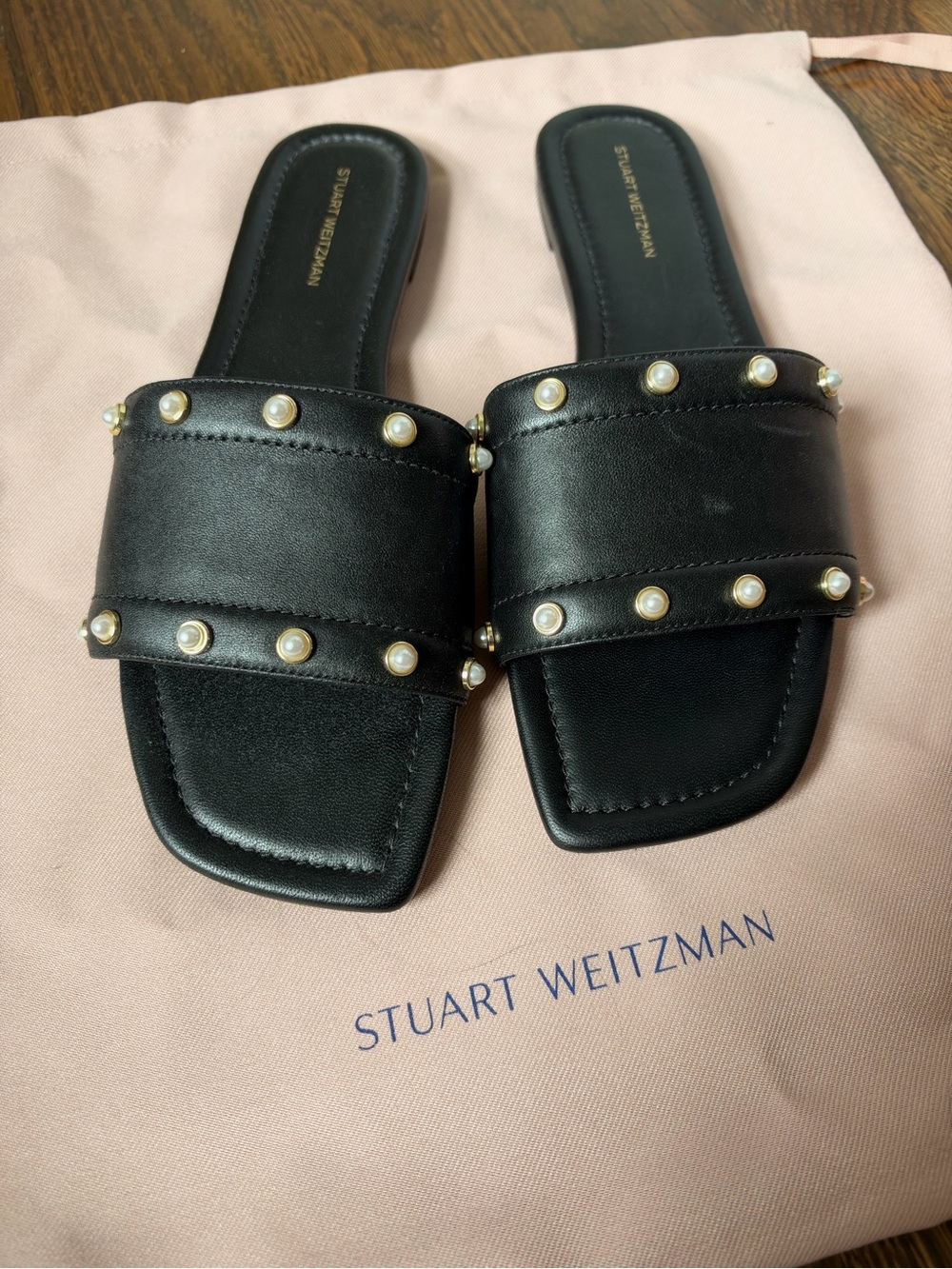 Stuart Weitzman Black Pearl-Embellished Slide Sandals